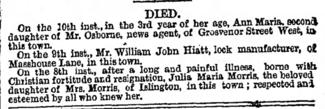 Death notice for William John Hiatt